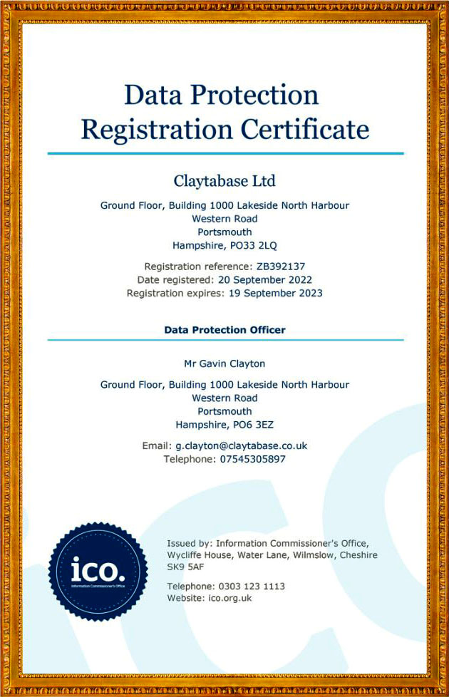 Data Protection Registration Certificate - Claytabase UK